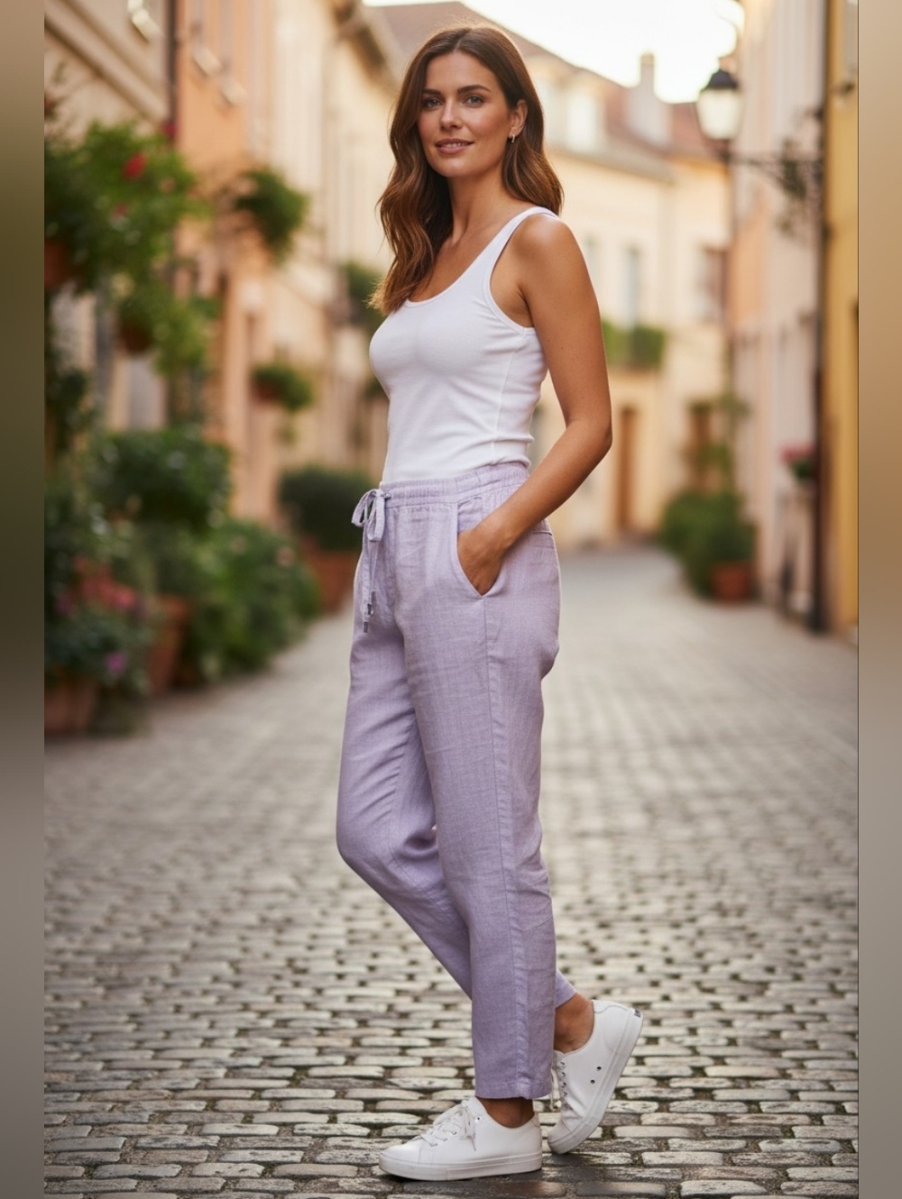 Mango Women's Lavender Drawstring Linen Chinos